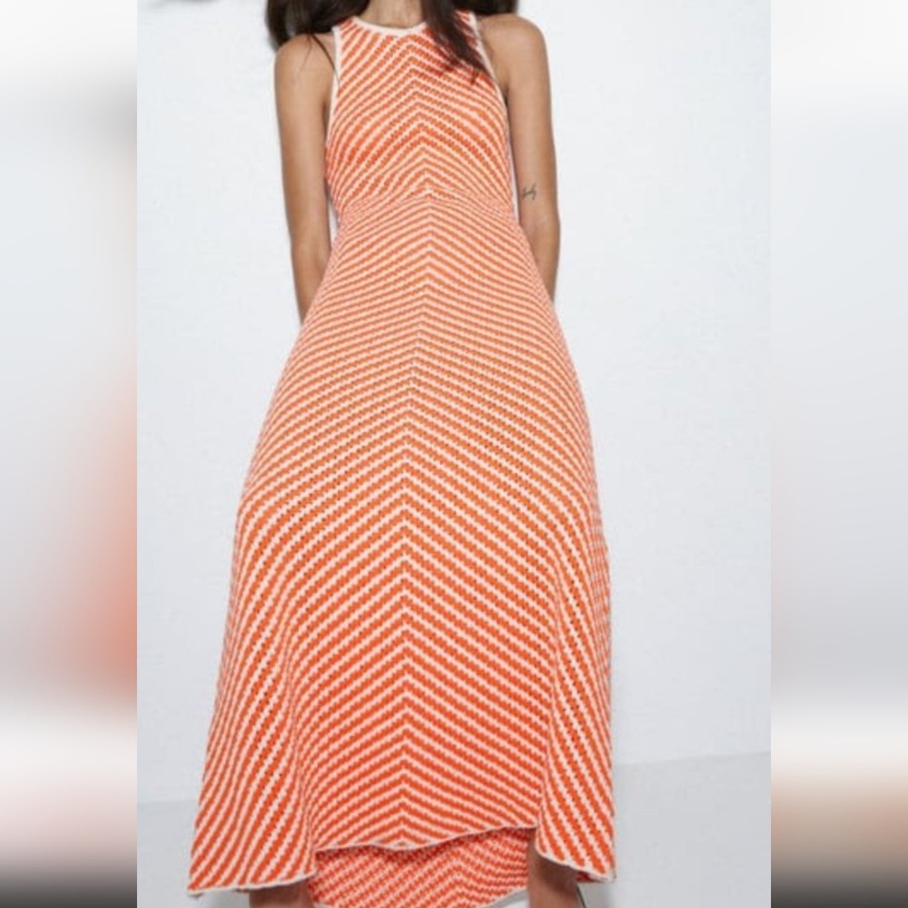 Zara Knit Dress Orange And White Crochet